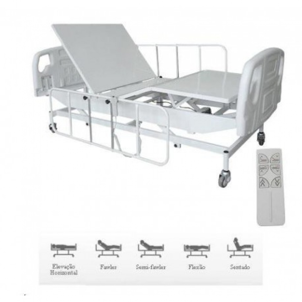 Cama Hospitalar Fowler Motorizada com Elevação do Leito Semi Luxo   Colchão Hospitalar D28