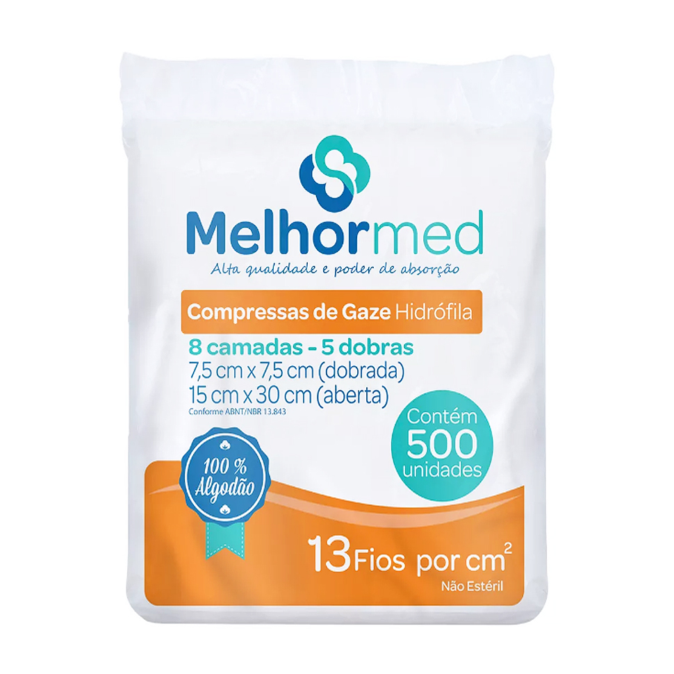 Compressa de Gaze Hidrófila - Não Estéril - 500 Unidades - Melhormed